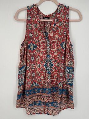 Tolani Womens Large Tank Top Sleeveless Blouse Pink Blue Floral Print 100% Silk